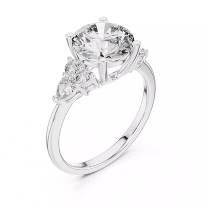 Round And Pear Cut Diamond Engagement Ring in White Gold - angle view