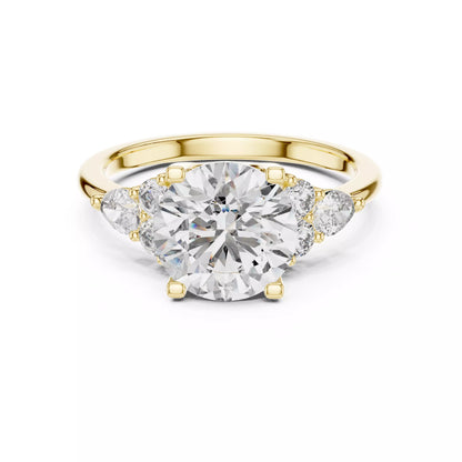 Round And Pear Cut Diamond Engagement Ring in Yellow Gold - front view