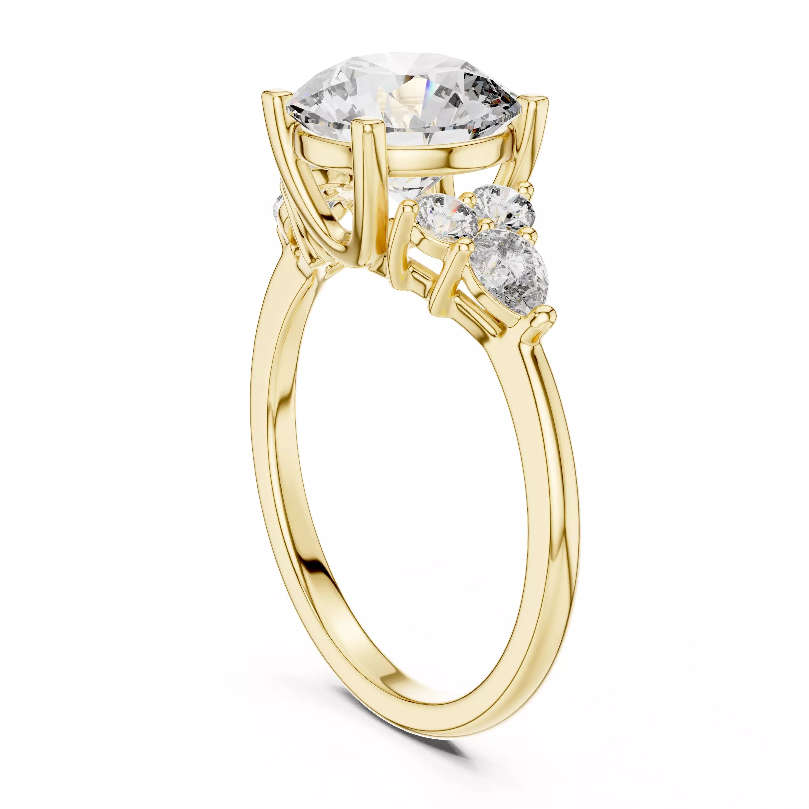 Round And Pear Cut Diamond Engagement Ring in Yellow Gold - side view