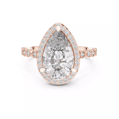3.05ct Pear Cut Halo Diamond Engagement Wedding Ring in Rose Gold - front view