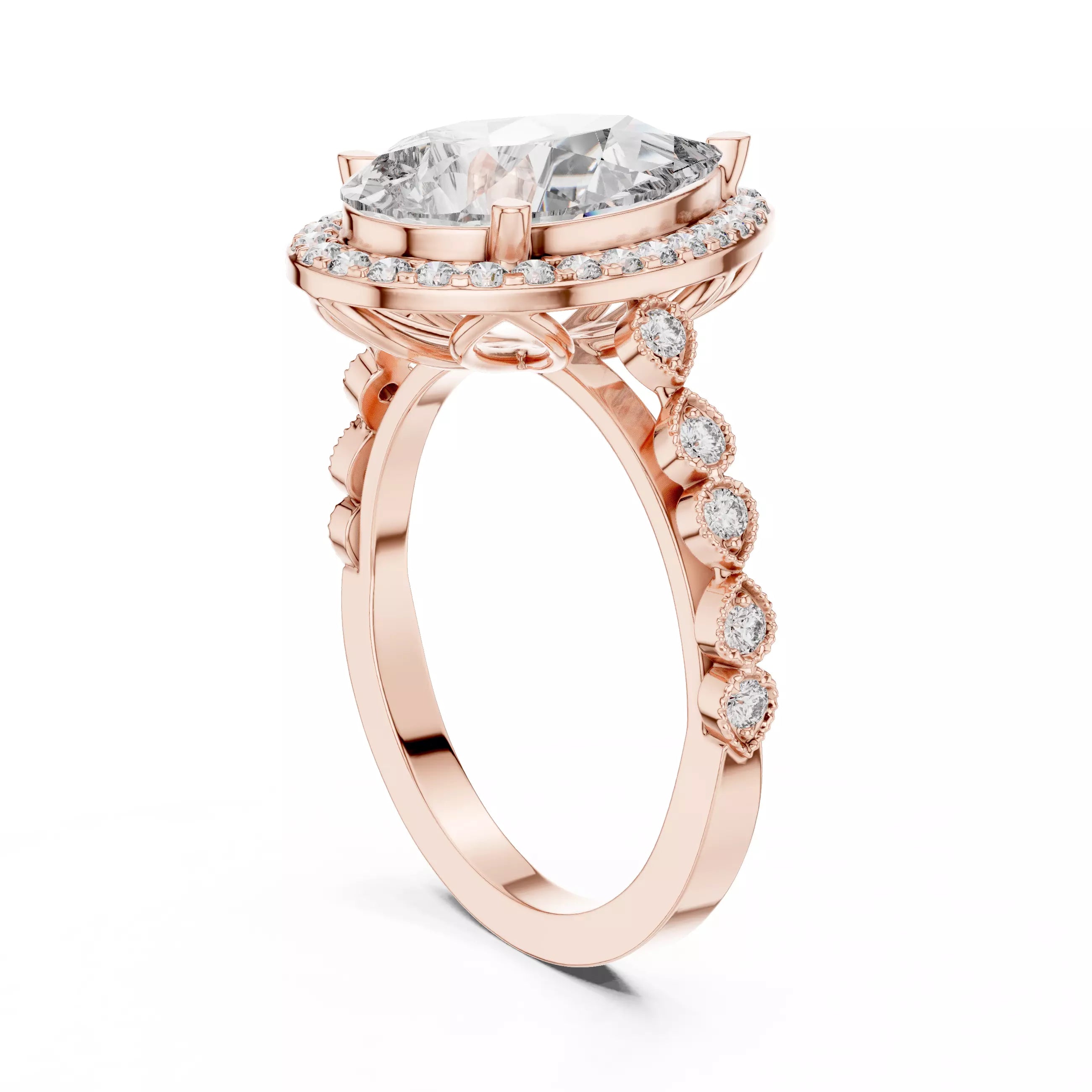 3.05ct Pear Cut Halo Diamond Engagement Wedding Ring in Rose Gold - side view