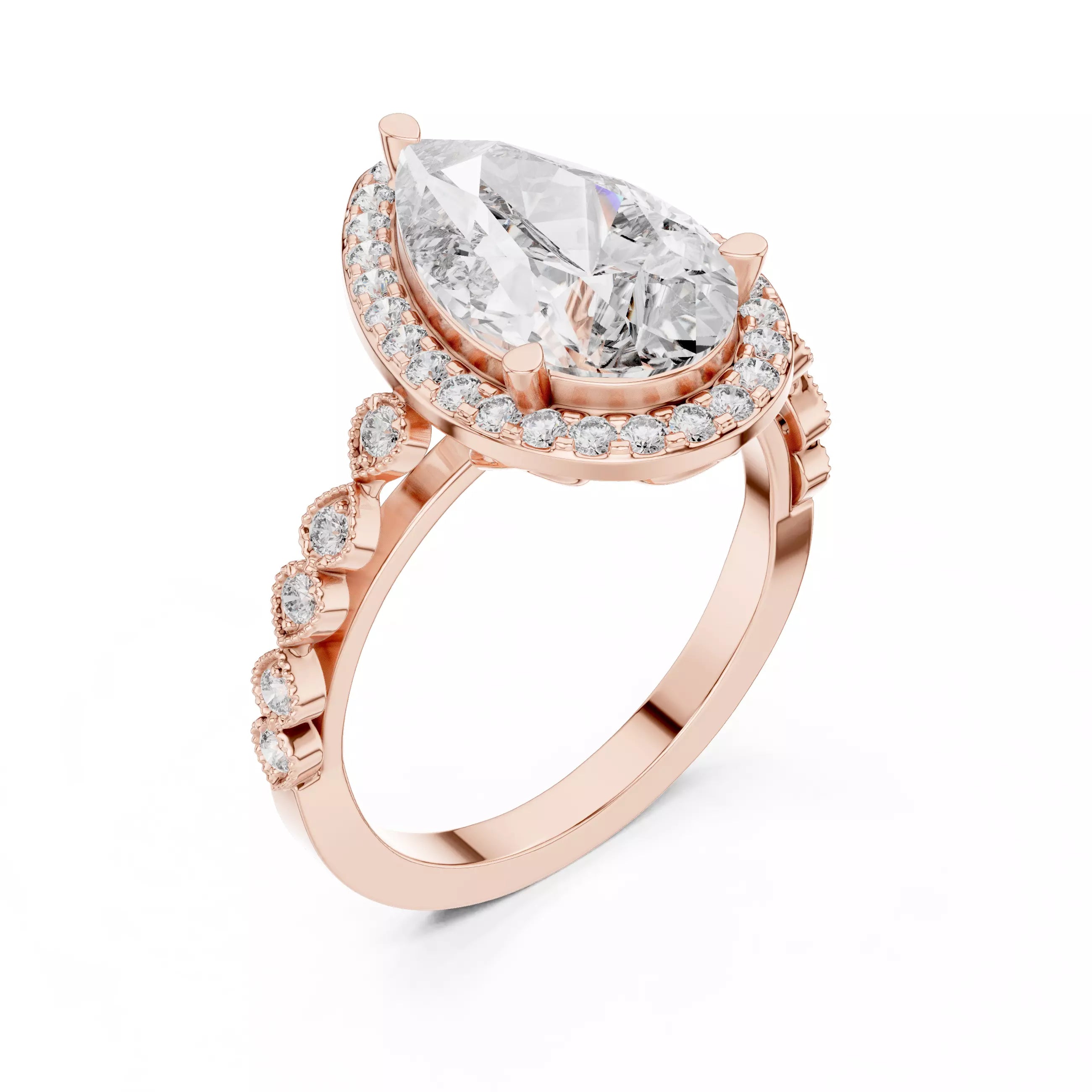 3.05ct Pear Cut Halo Diamond Engagement Wedding Ring in Rose Gold - angle view