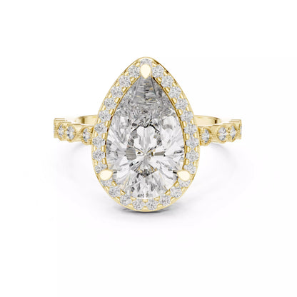 3.05ct Pear Cut Halo Diamond Engagement Wedding Ring in Yellow Gold - front view