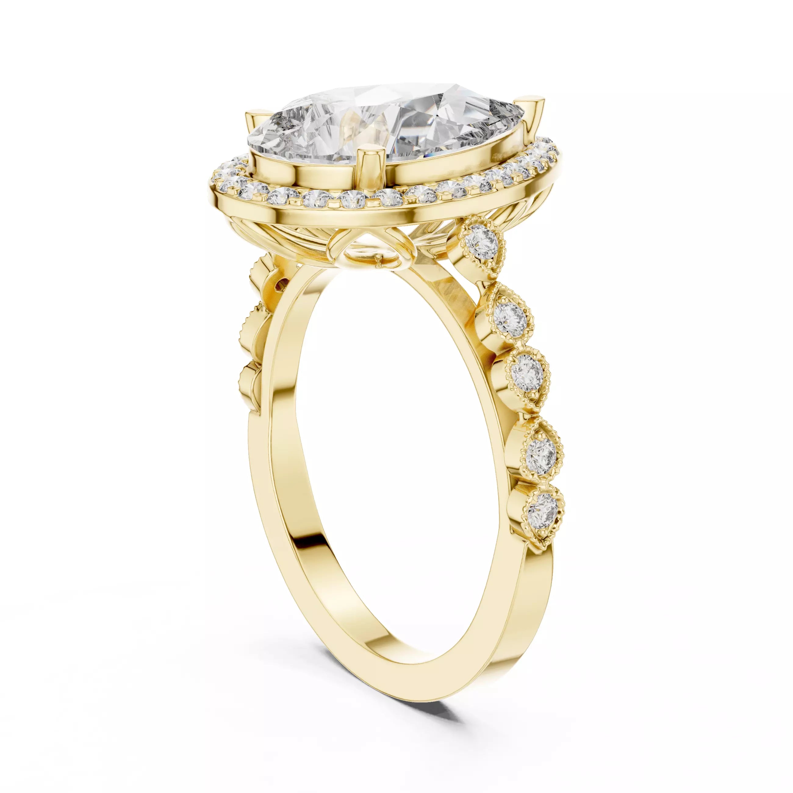 3.05ct Pear Cut Halo Diamond Engagement Wedding Ring in Yellow Gold - side view