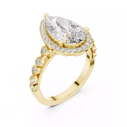 3.05ct Pear Cut Halo Diamond Engagement Wedding Ring in Yellow Gold - angle view