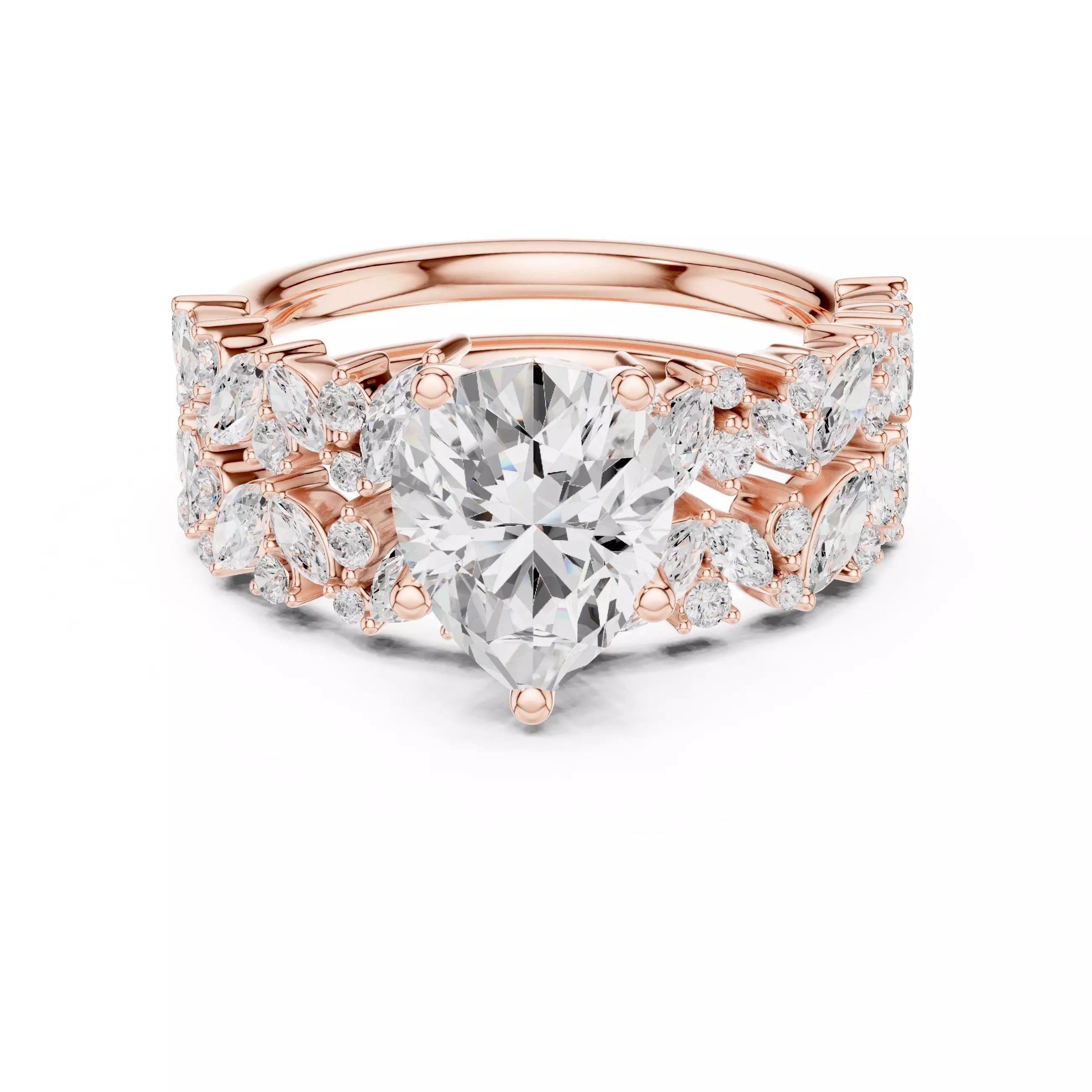 Pear Cut Diamond Half Eternity Wedding Ring Set in Rose Gold - front view