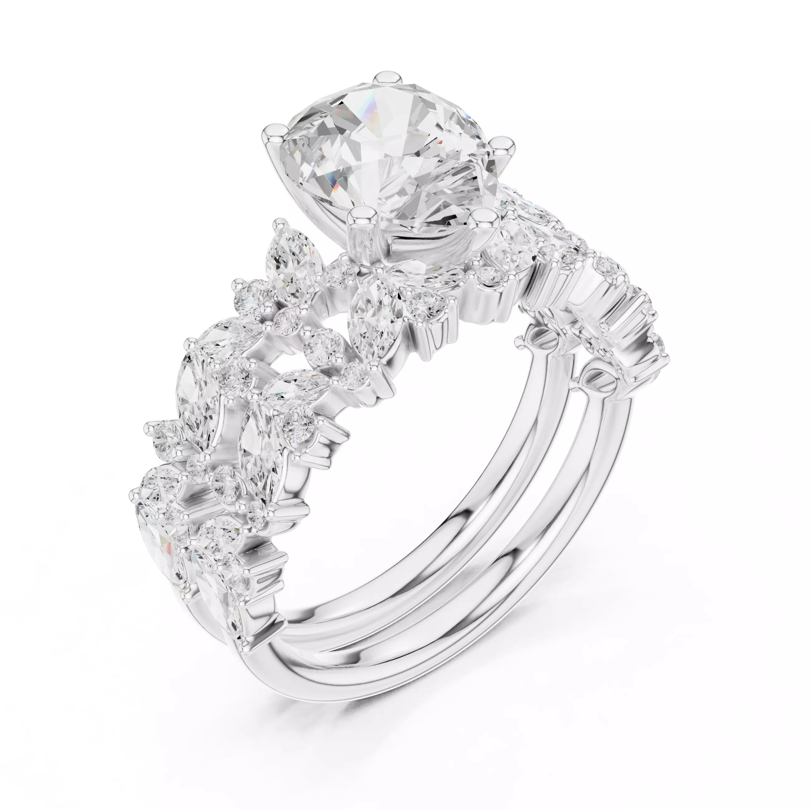 Pear Cut Diamond Half Eternity Wedding Ring Set in White Gold - angle view