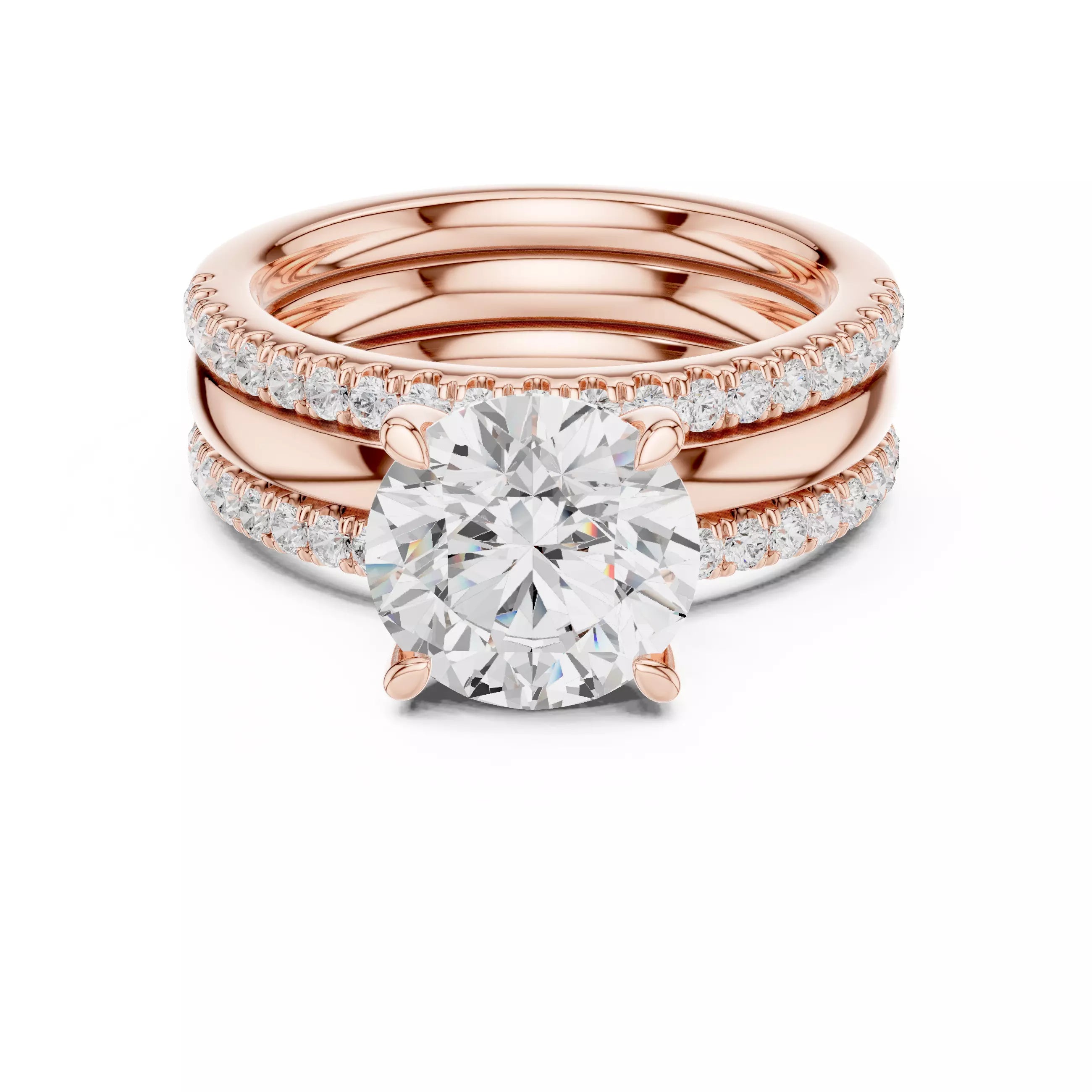 Round Diamond Ring With Two Stacking Band Set in Rose Gold - front view