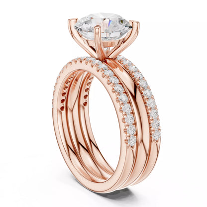 Round Diamond Ring With Two Stacking Band Set in Rose Gold - side view
