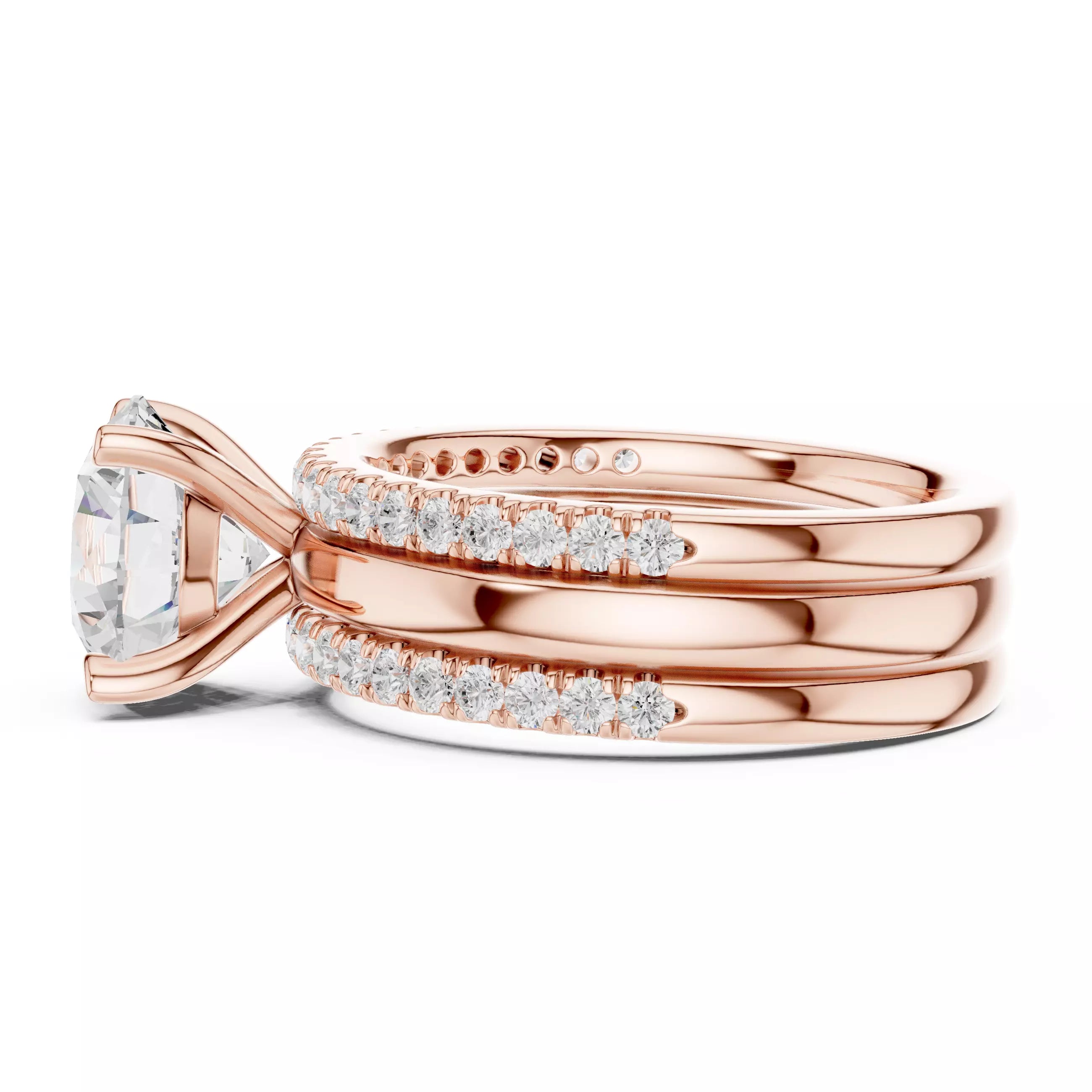 Round Diamond Ring With Two Stacking Band Set in Rose Gold - detail view