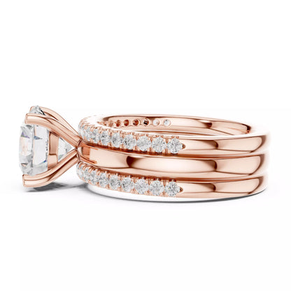 Round Diamond Ring With Two Stacking Band Set in Rose Gold - detail view