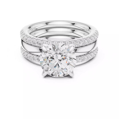 Round Diamond Ring With Two Stacking Band Set in White Gold - front view