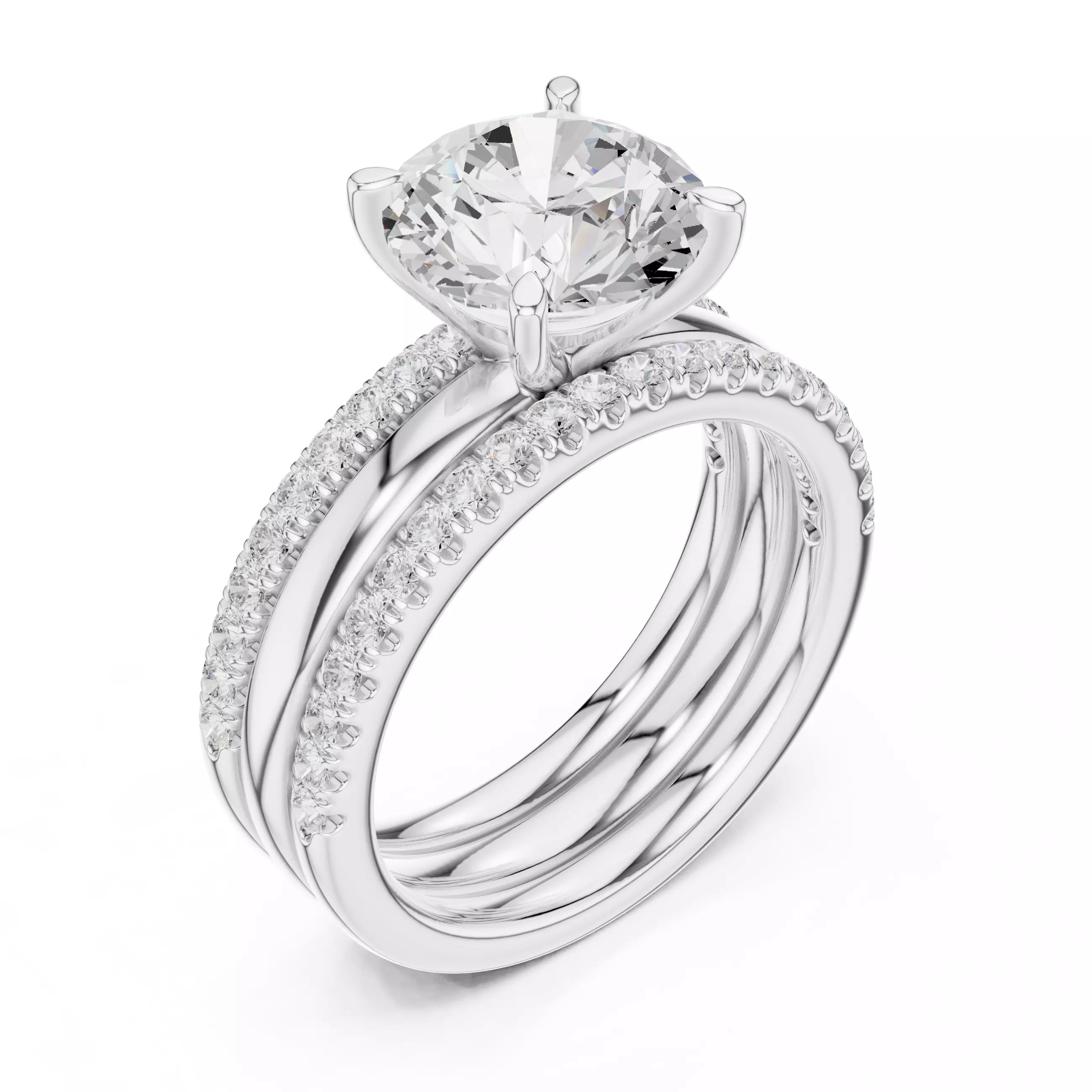 Round Diamond Ring With Two Stacking Band Set in White Gold - angle view