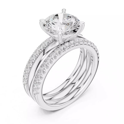 Round Diamond Ring With Two Stacking Band Set in White Gold - angle view