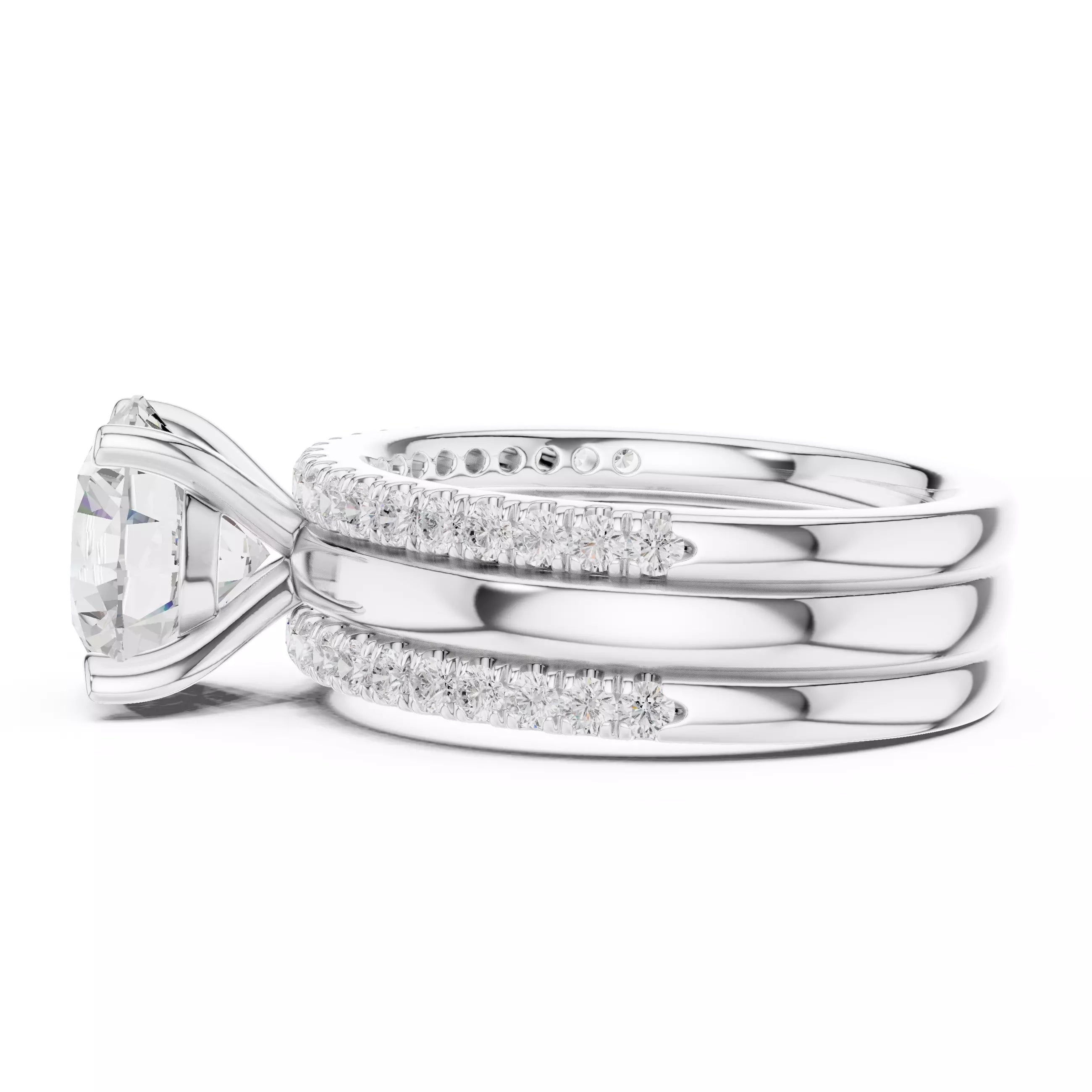 Round Diamond Ring With Two Stacking Band Set in White Gold - detail view