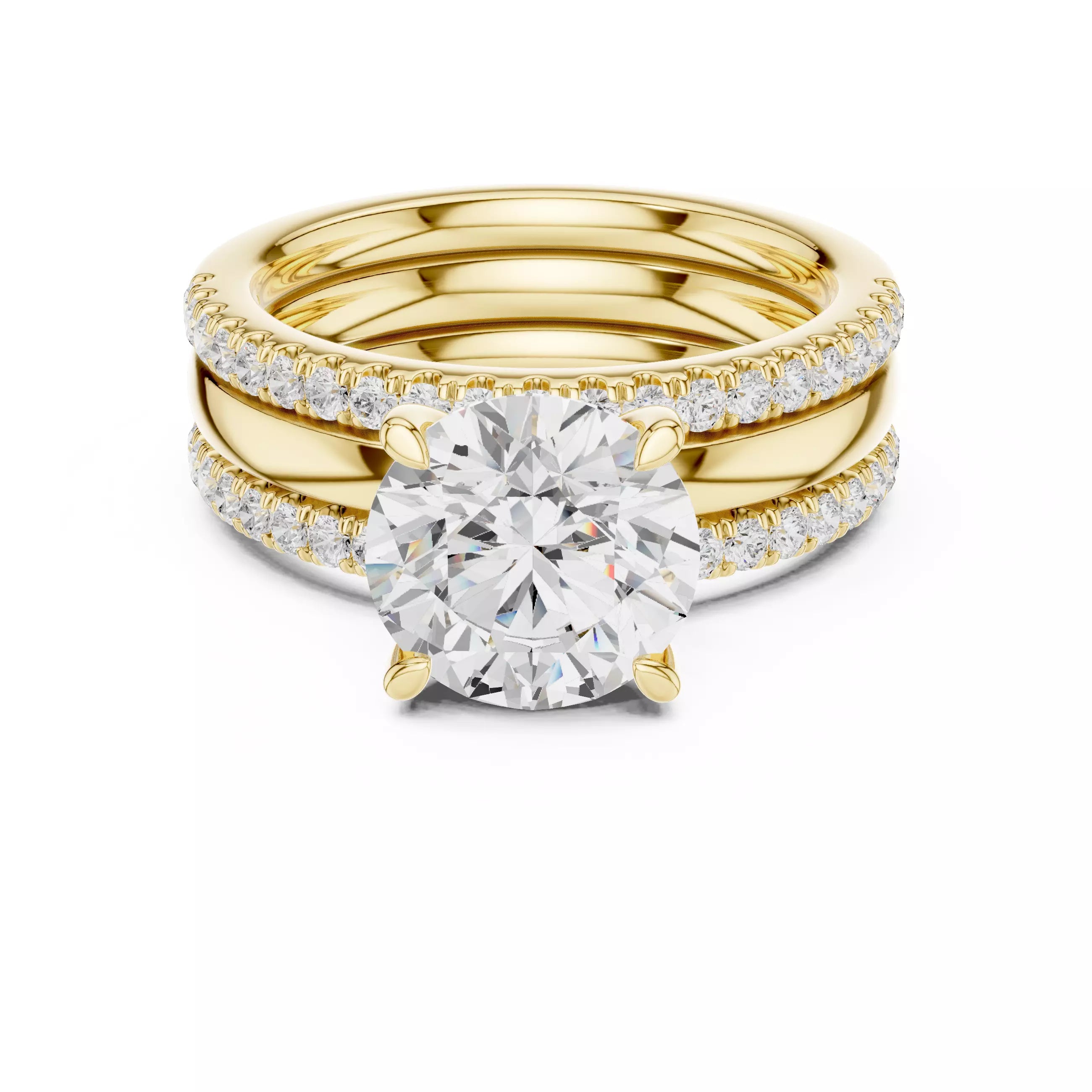 Round Diamond Ring With Two Stacking Band Set in Yellow Gold - front view