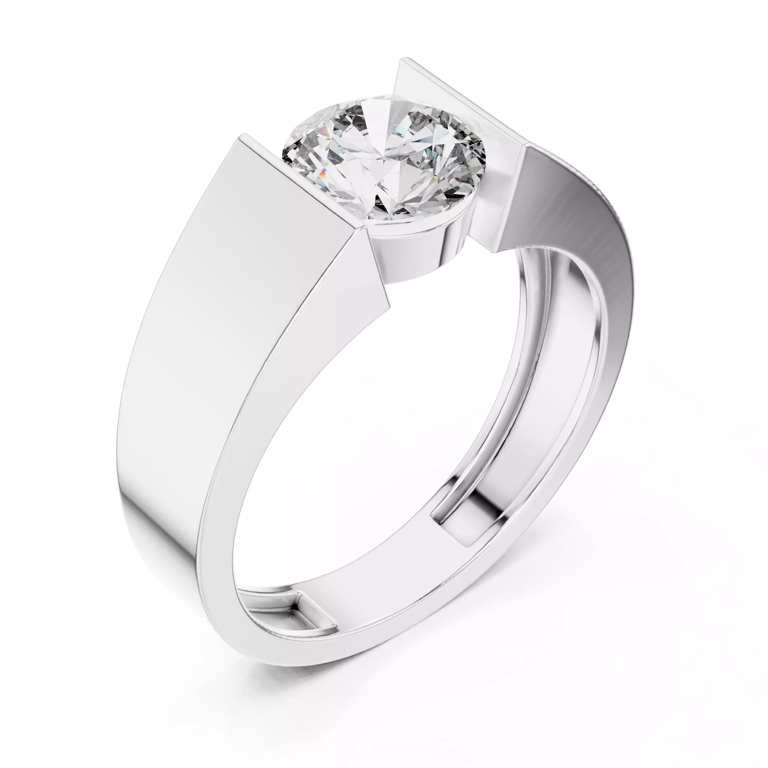 Solitaire Round Cut Tension Set Engagement Ring in White Gold - angle view