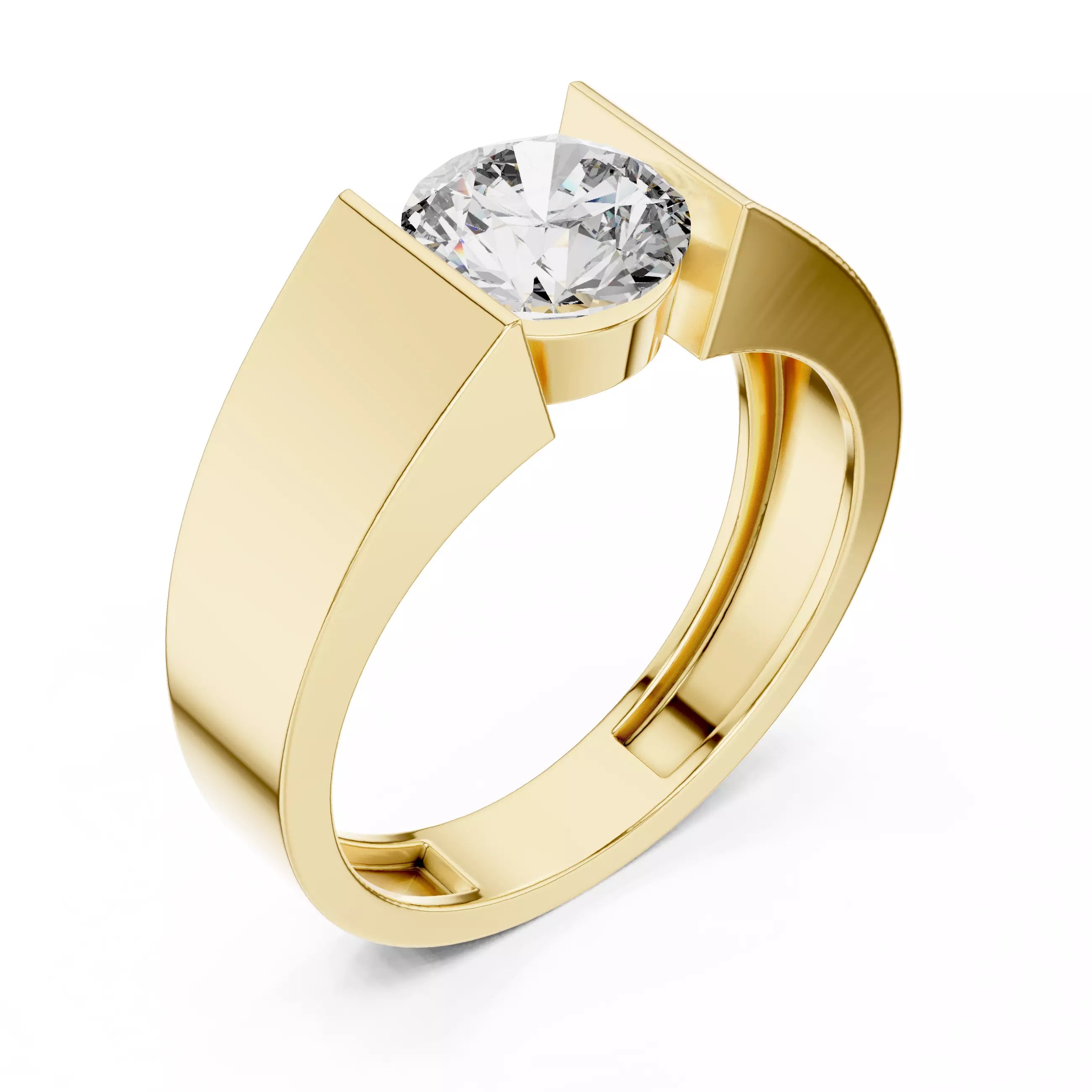 Solitaire Round Cut Tension Set Engagement Ring in Yellow Gold - angle view