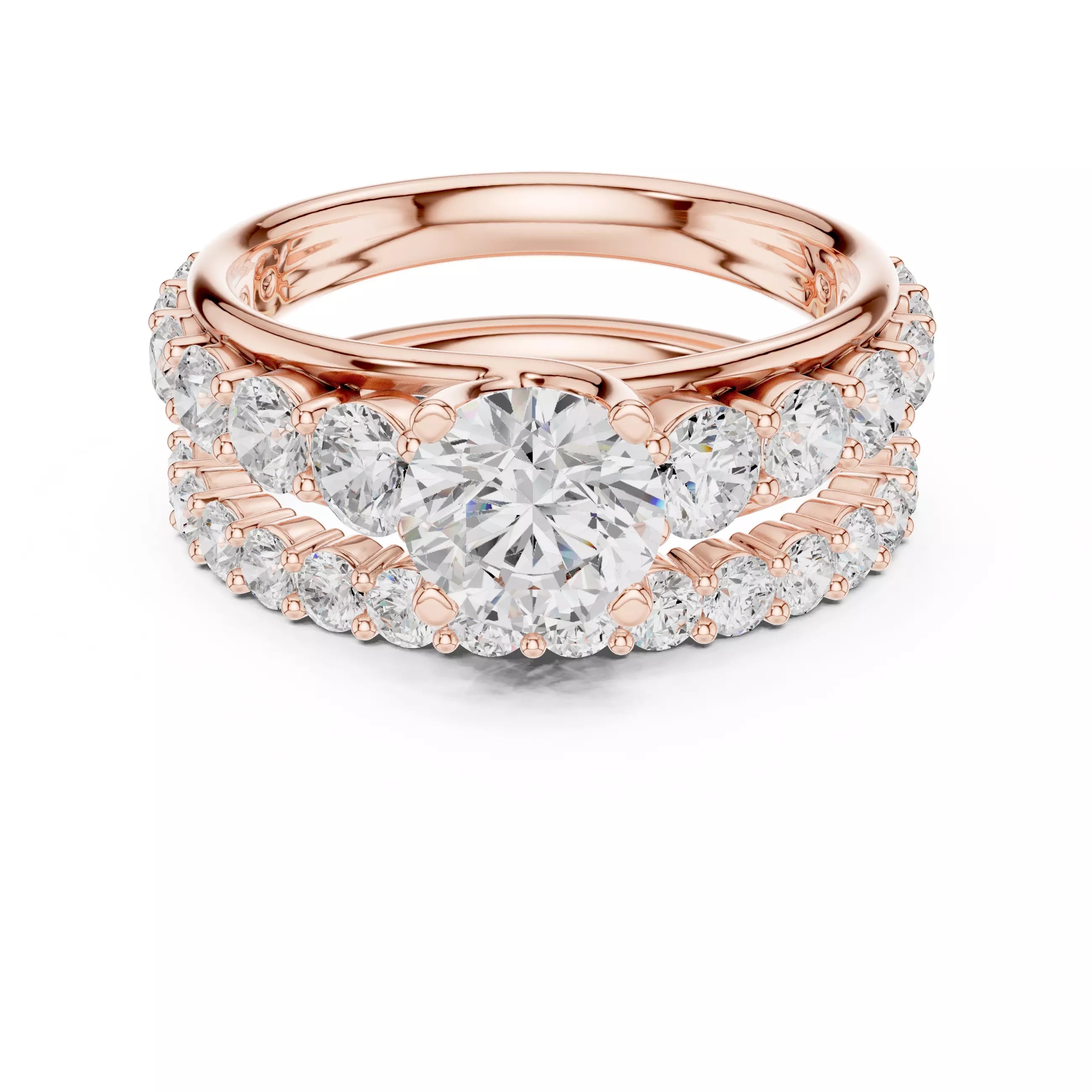 Round Cut Diamond Taper Shank Wedding Ring Set in Rose Gold - front view