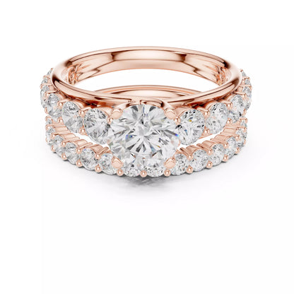 Round Cut Diamond Taper Shank Wedding Ring Set in Rose Gold - front view