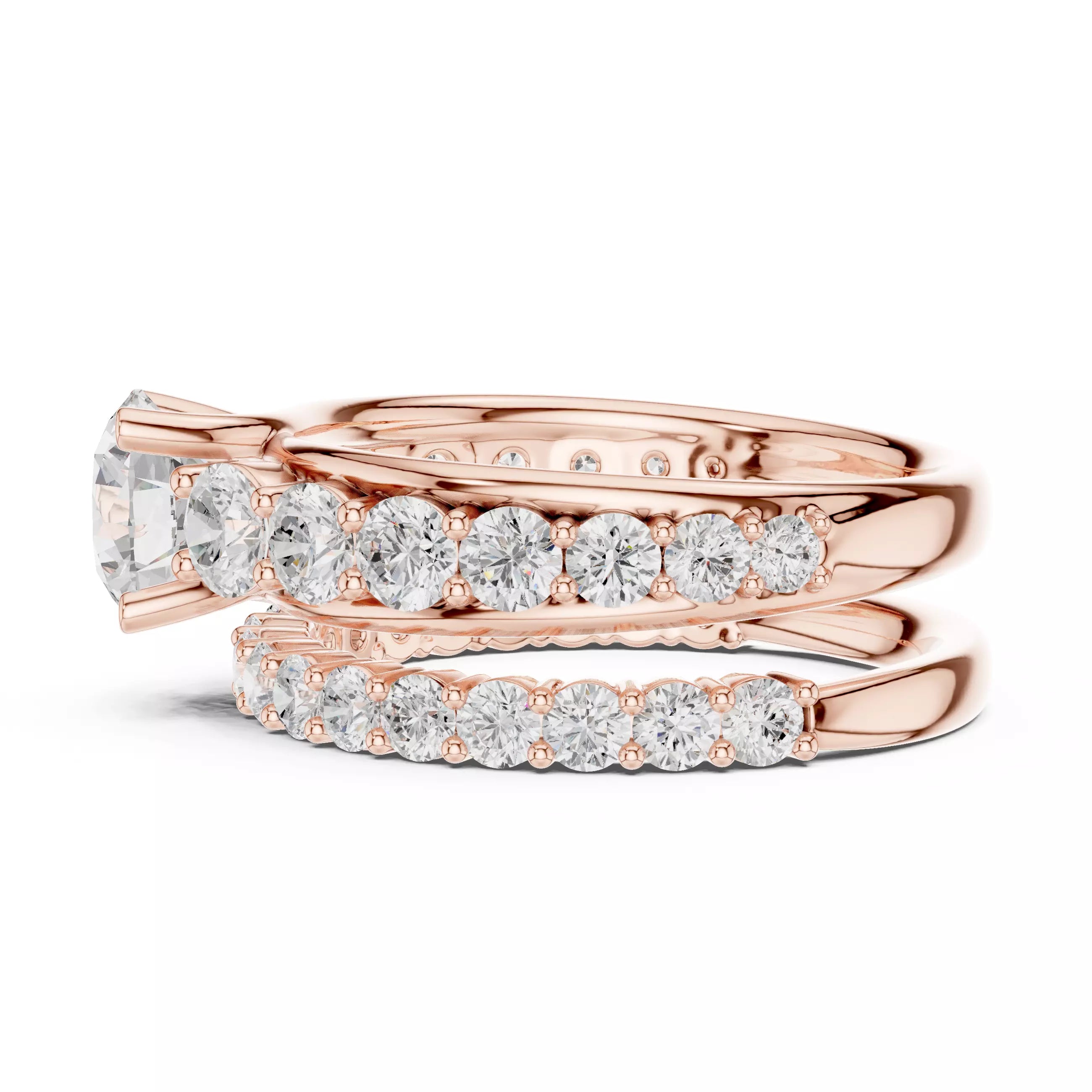 Round Cut Diamond Taper Shank Wedding Ring Set in Rose Gold - detail view