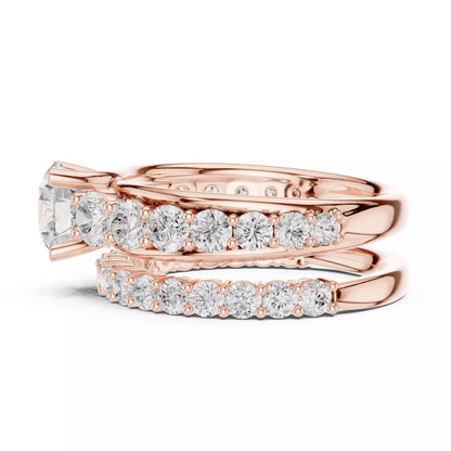 Round Cut Diamond Taper Shank Wedding Ring Set in Rose Gold - detail view