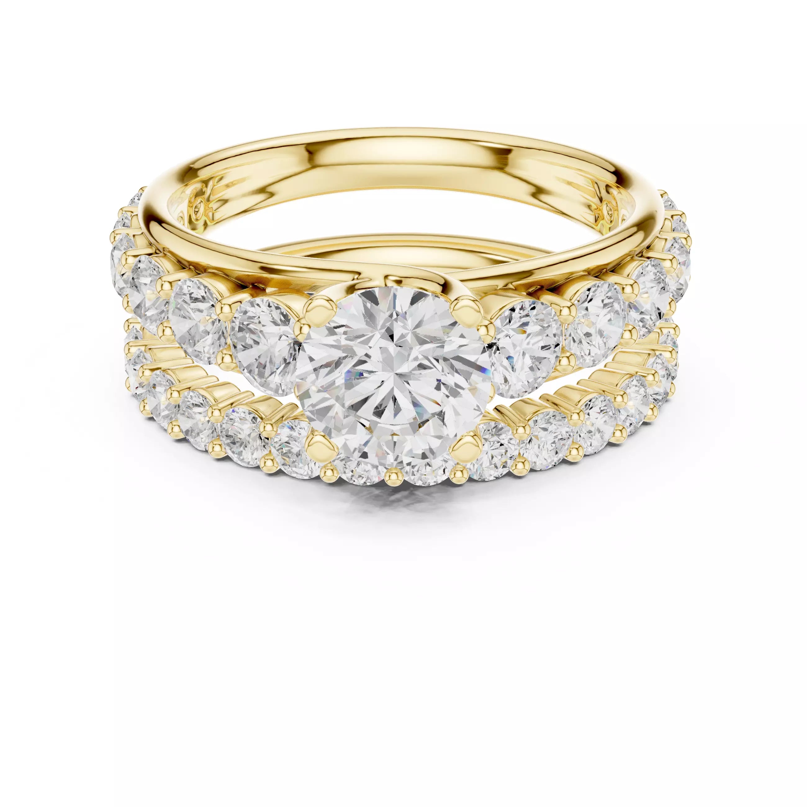 Round Cut Diamond Taper Shank Wedding Ring Set in Yellow Gold - front view
