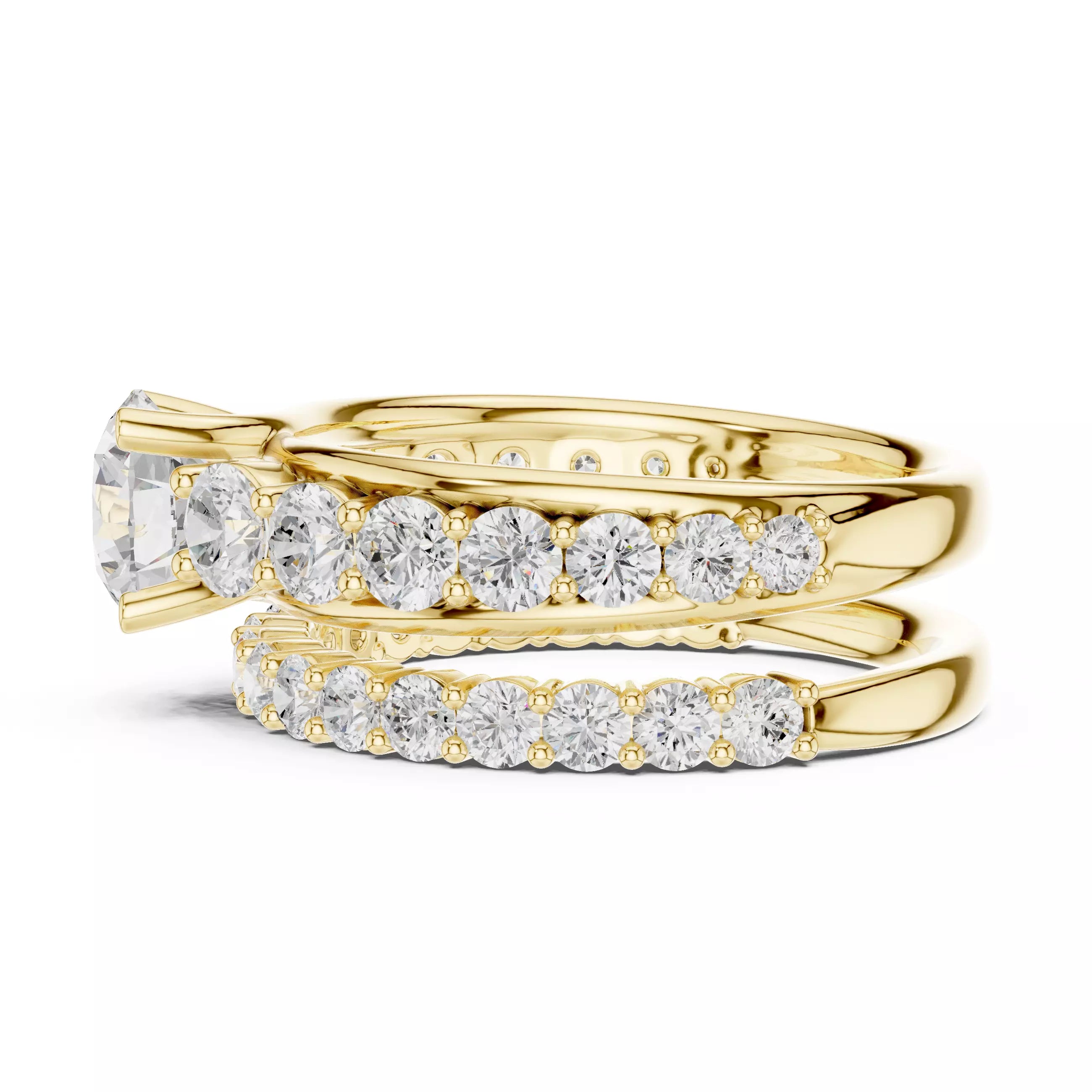 Round Cut Diamond Taper Shank Wedding Ring Set in Yellow Gold - detail view