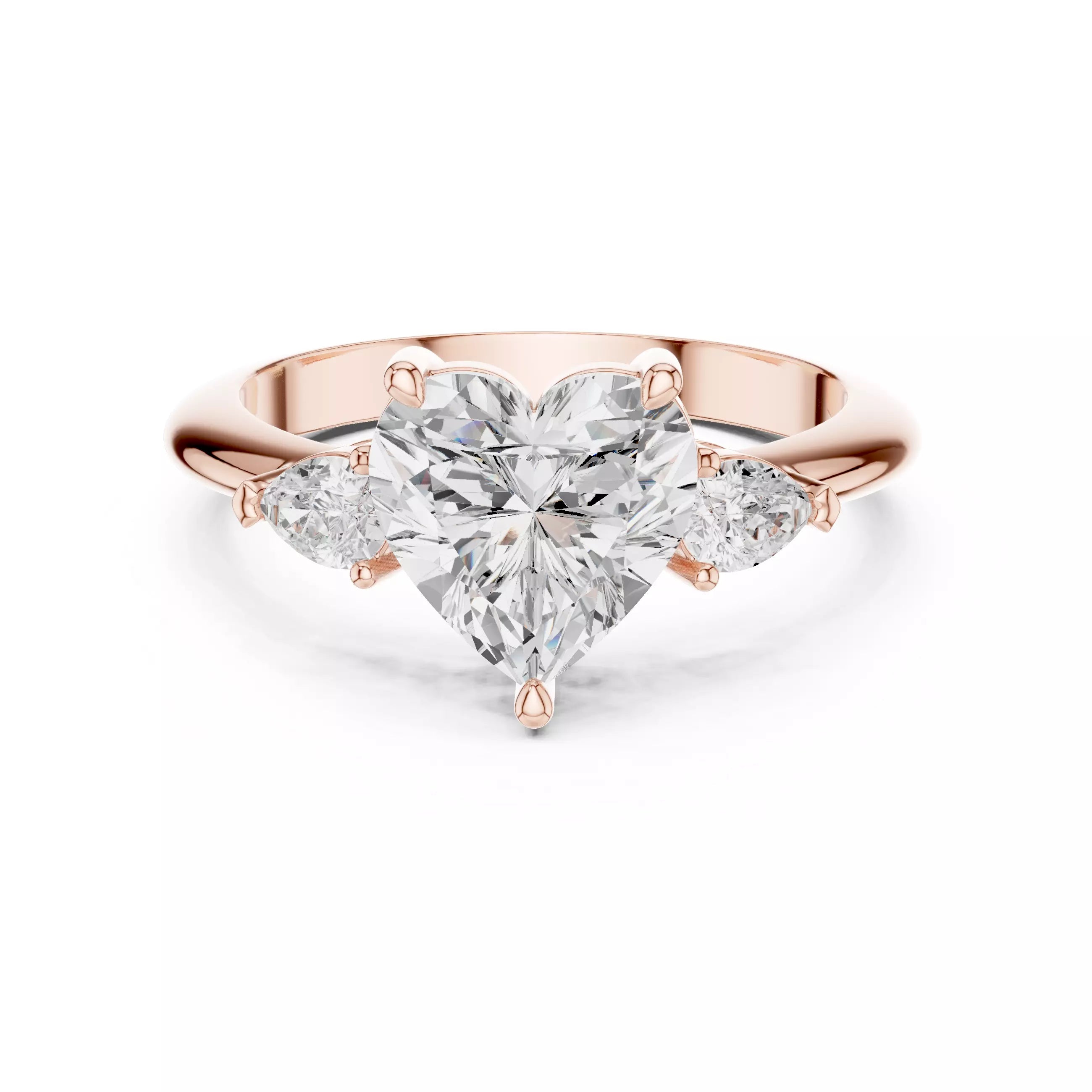 Three Stone Heart And Pear Cut Engagement Ring in Rose Gold - front view