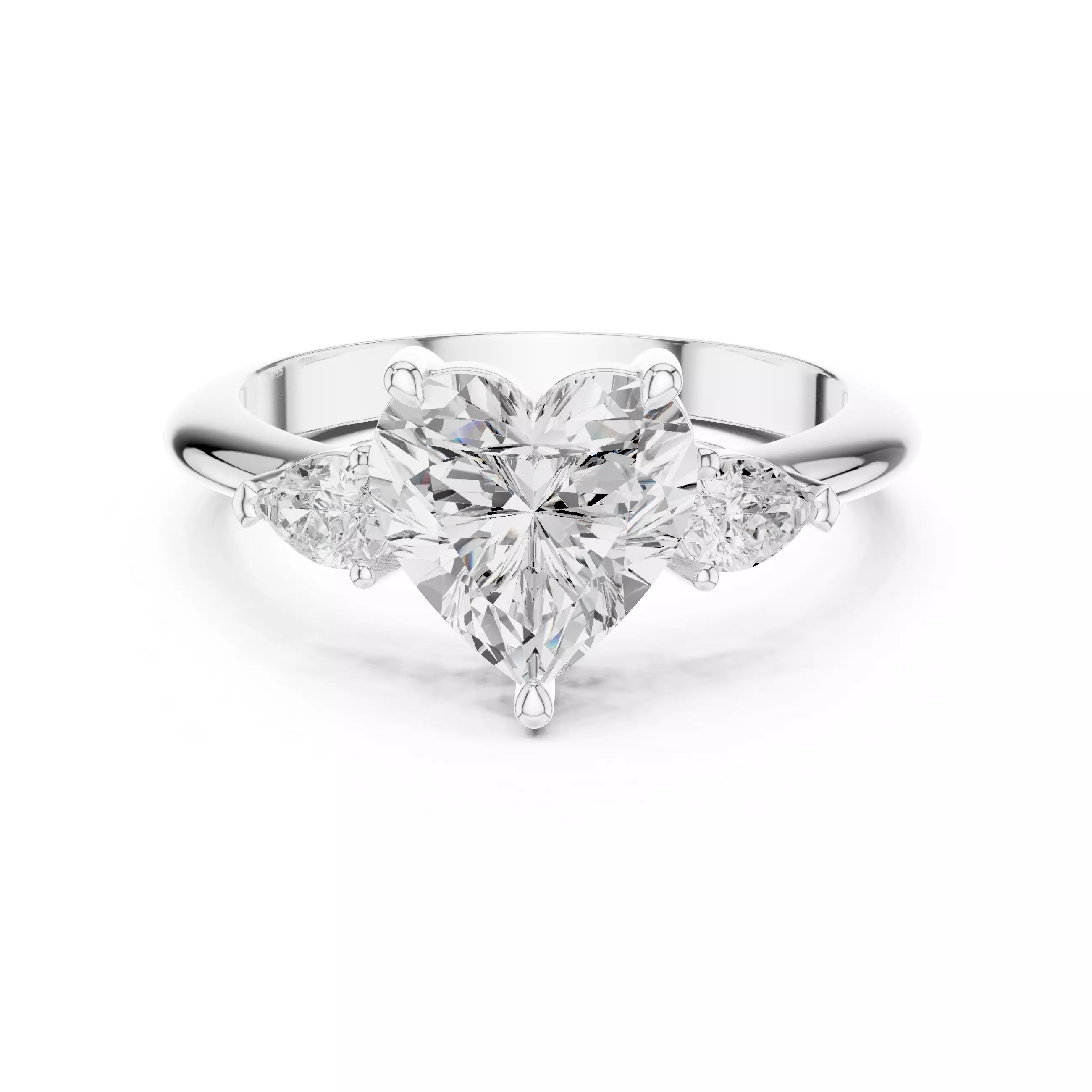 Three Stone Heart And Pear Cut Engagement Ring in White Gold - front view