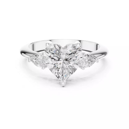 Three Stone Heart And Pear Cut Engagement Ring in White Gold - front view