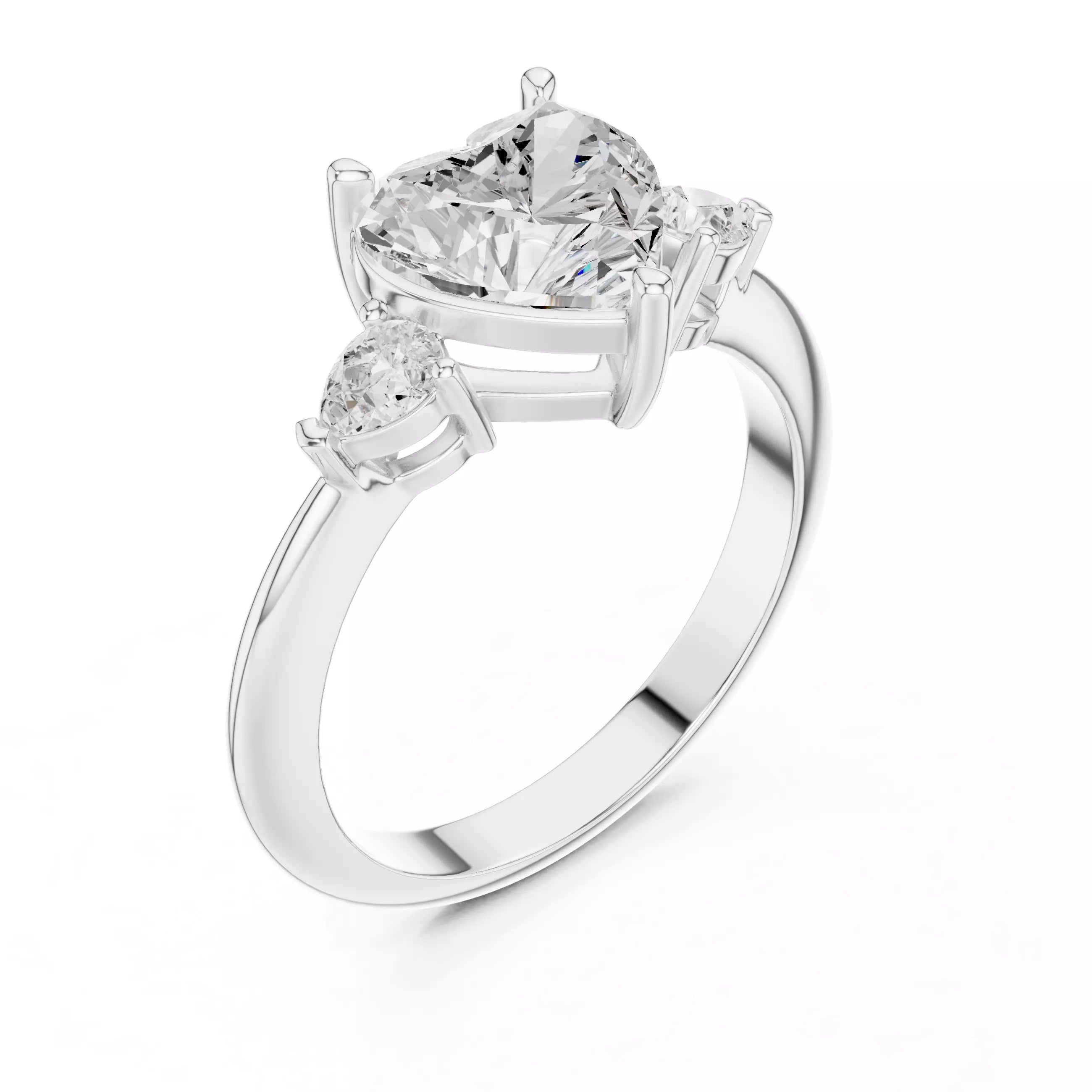 Three Stone Heart And Pear Cut Engagement Ring in White Gold - detail view