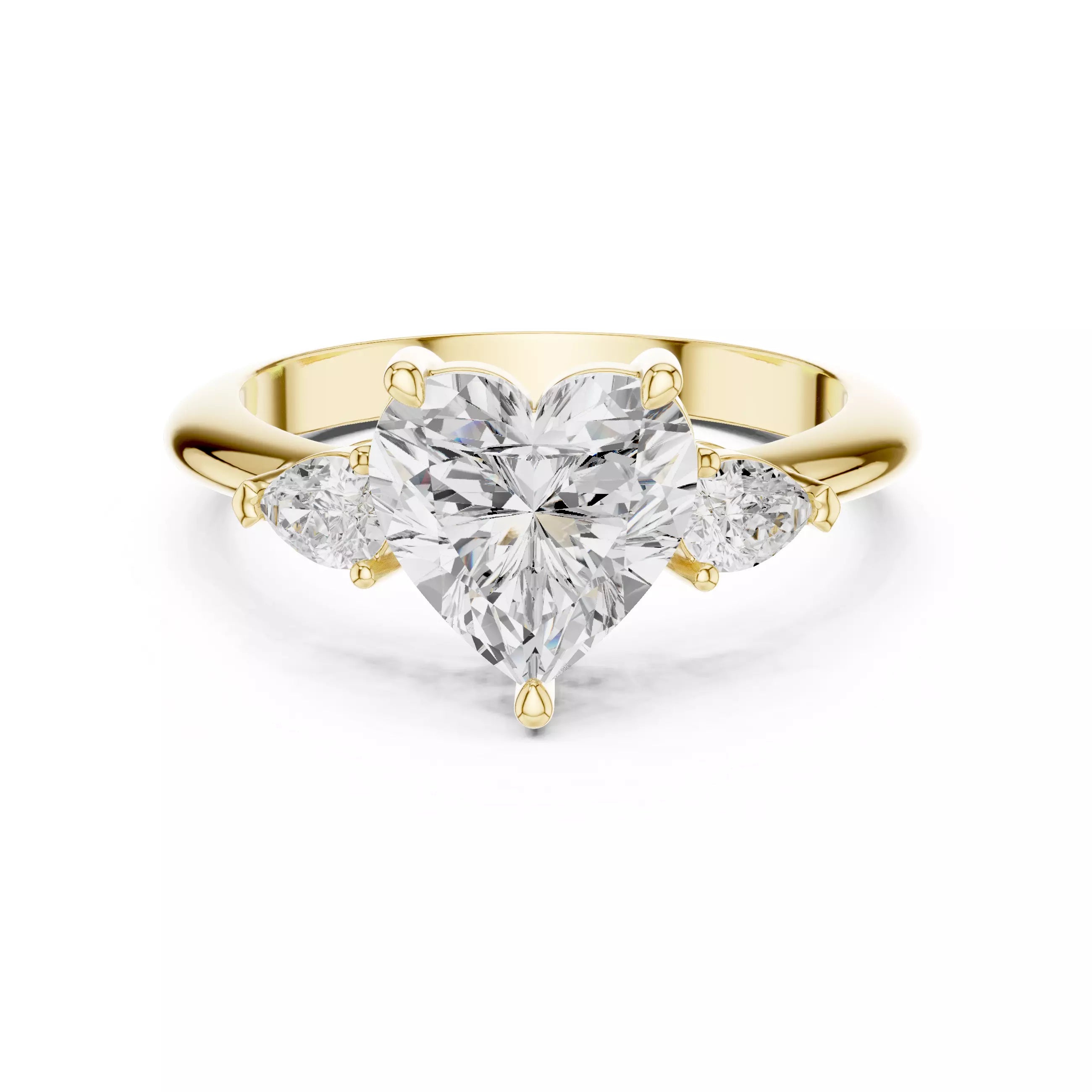 Three Stone Heart And Pear Cut Engagement Ring in Yellow Gold - front view