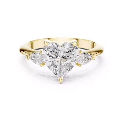 Three Stone Heart And Pear Cut Engagement Ring in Yellow Gold - front view