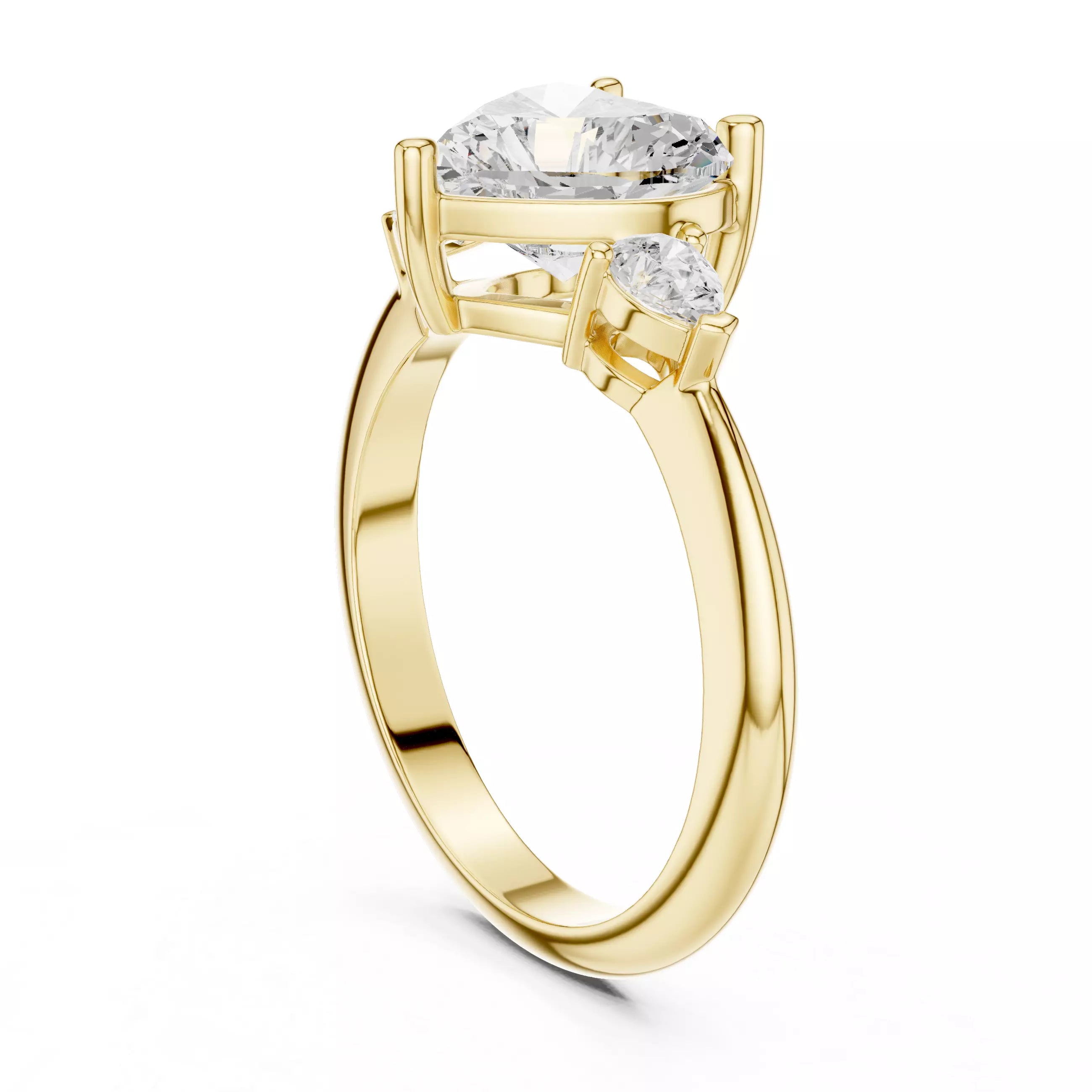 Three Stone Heart And Pear Cut Engagement Ring in Yellow Gold - side view