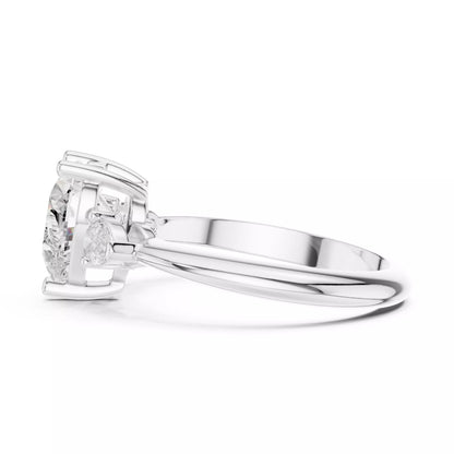 Three Stone Heart And Pear Cut Engagement Ring in Yellow Gold - detail view