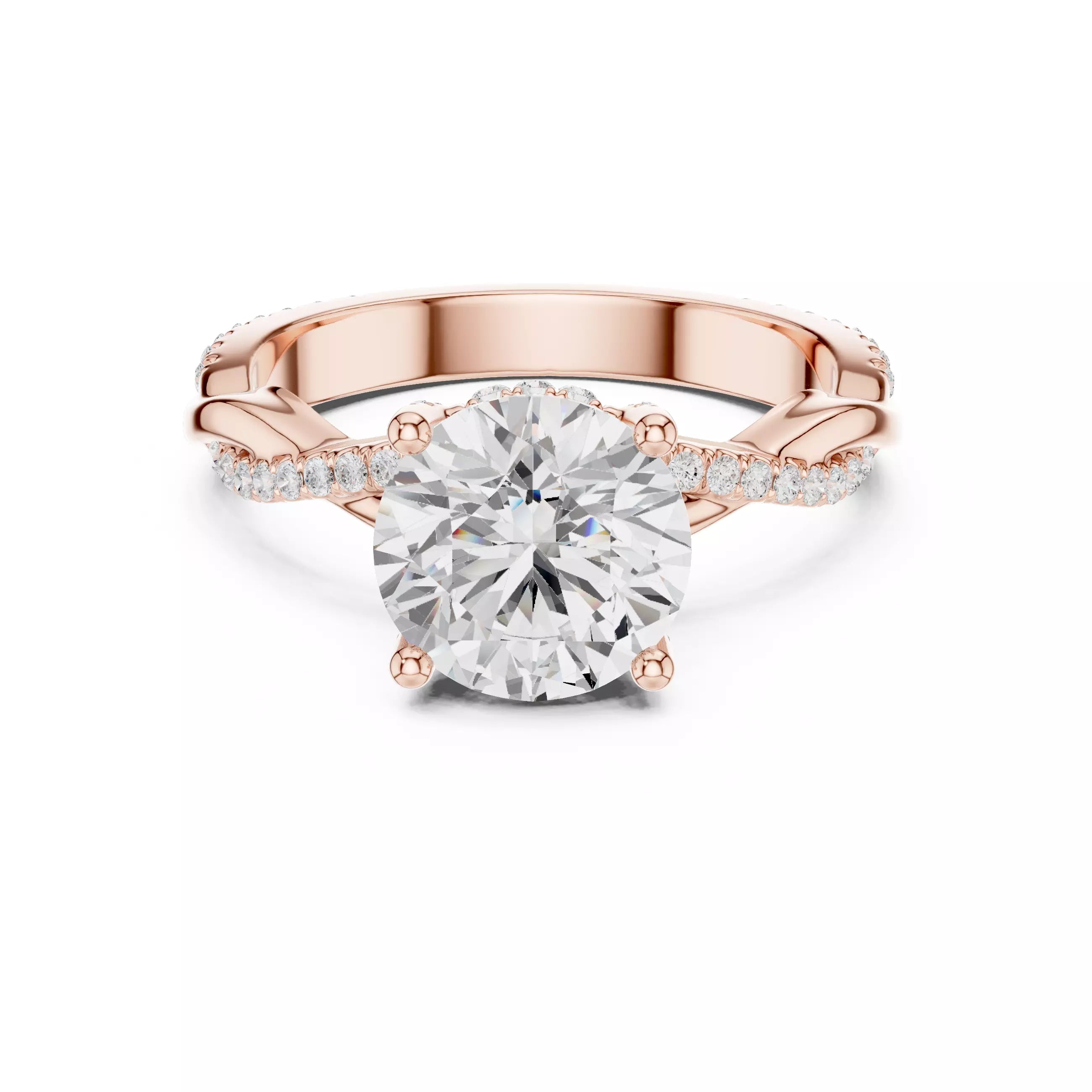Twisted Shank Round Cut Diamond Engagement Ring in Rose Gold - front view