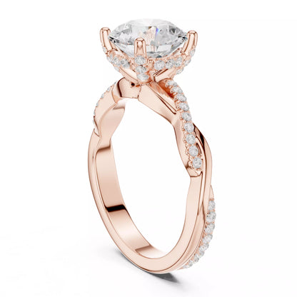 Twisted Shank Round Cut Diamond Engagement Ring in Rose Gold - side view