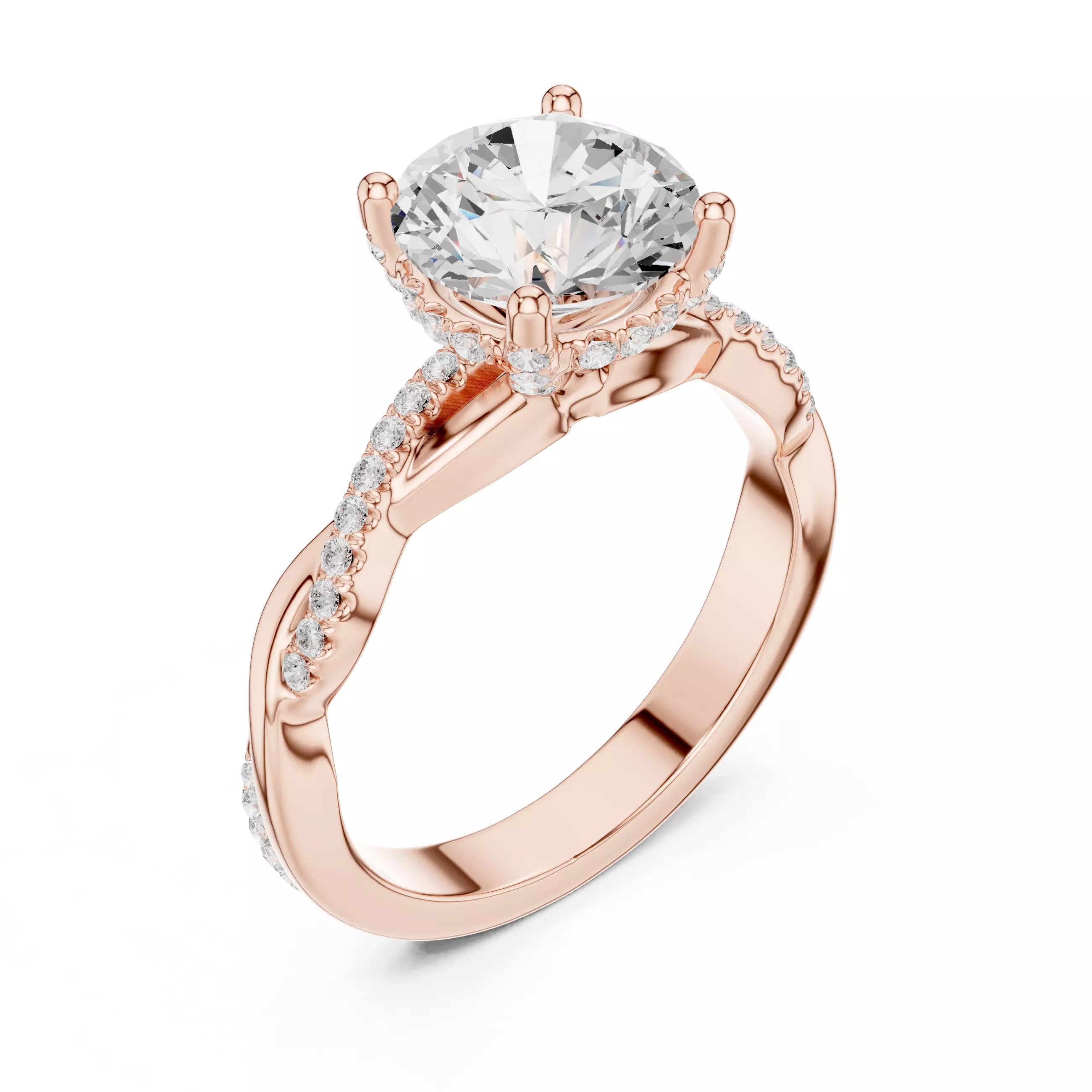 Twisted Shank Round Cut Diamond Engagement Ring in Rose Gold - angle view