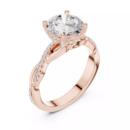 Twisted Shank Round Cut Diamond Engagement Ring in Rose Gold - angle view