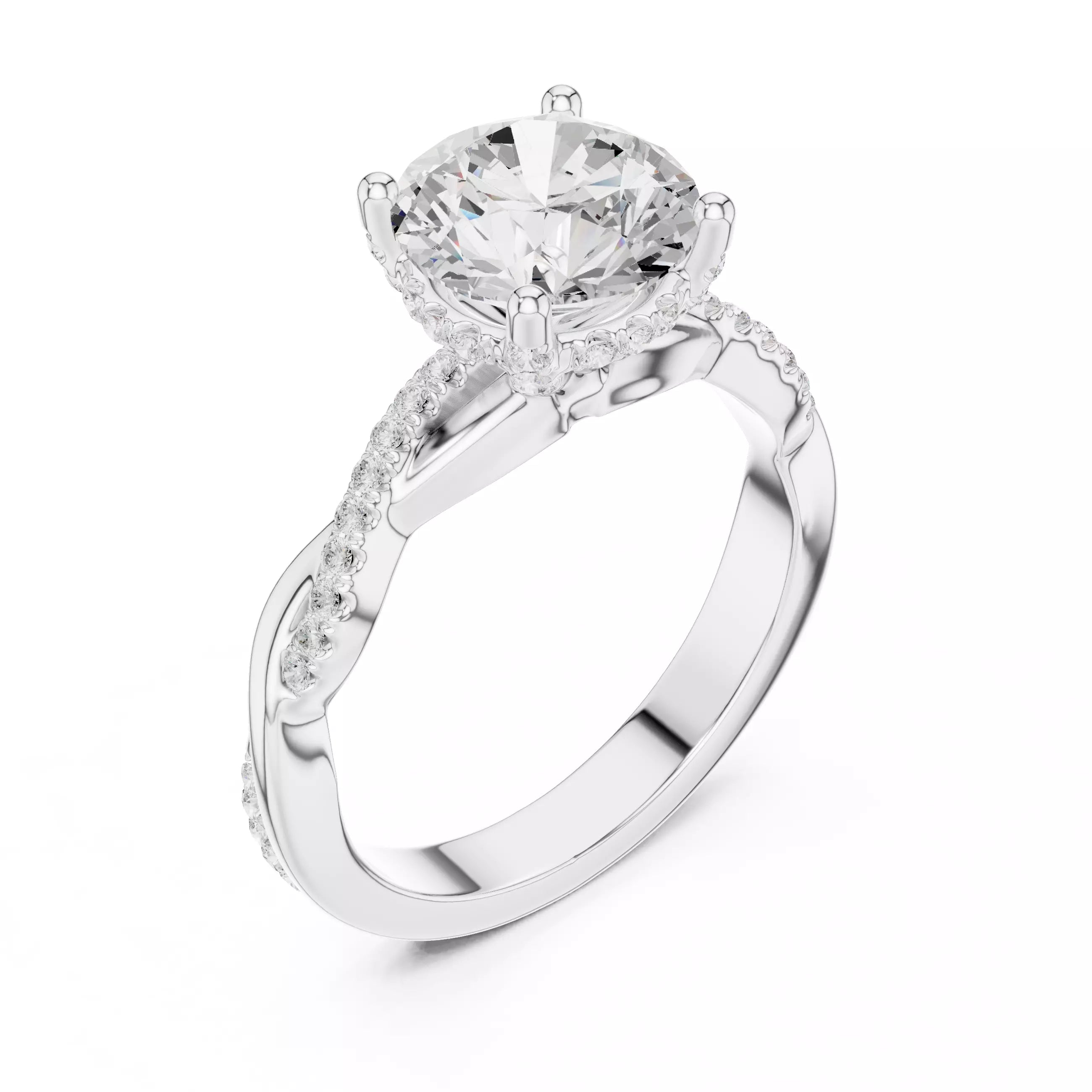 Twisted Shank Round Cut Diamond Engagement Ring in White Gold - angle view