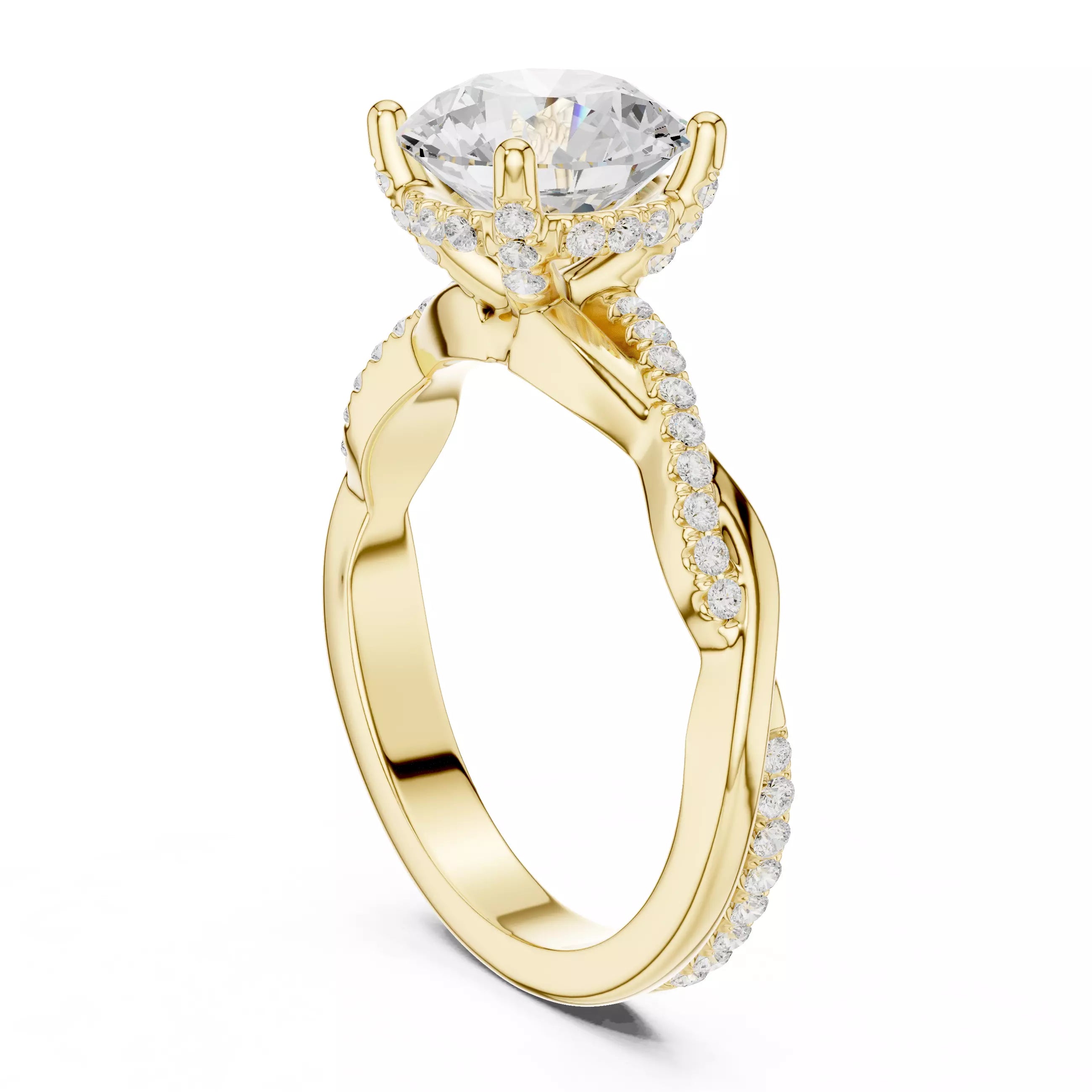 Twisted Shank Round Cut Diamond Engagement Ring in Yellow Gold - side view