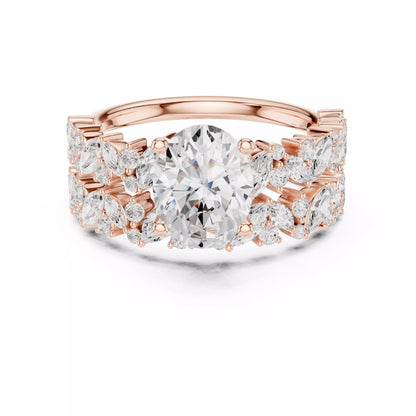 Oval Cut Wedding Ring Set Marquise Round Band in Rose Gold - front view