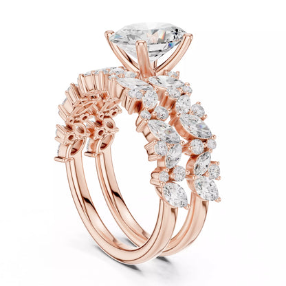 Oval Cut Wedding Ring Set Marquise Round Band in Rose Gold - side view