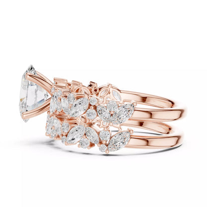 Oval Cut Wedding Ring Set Marquise Round Band in Rose Gold - detail view