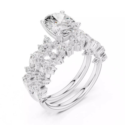 Oval Cut Wedding Ring Set Marquise Round Band in White Gold - angle view