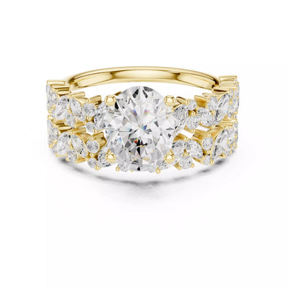 Oval Cut Wedding Ring Set Marquise Round Band in Yellow Gold - front view