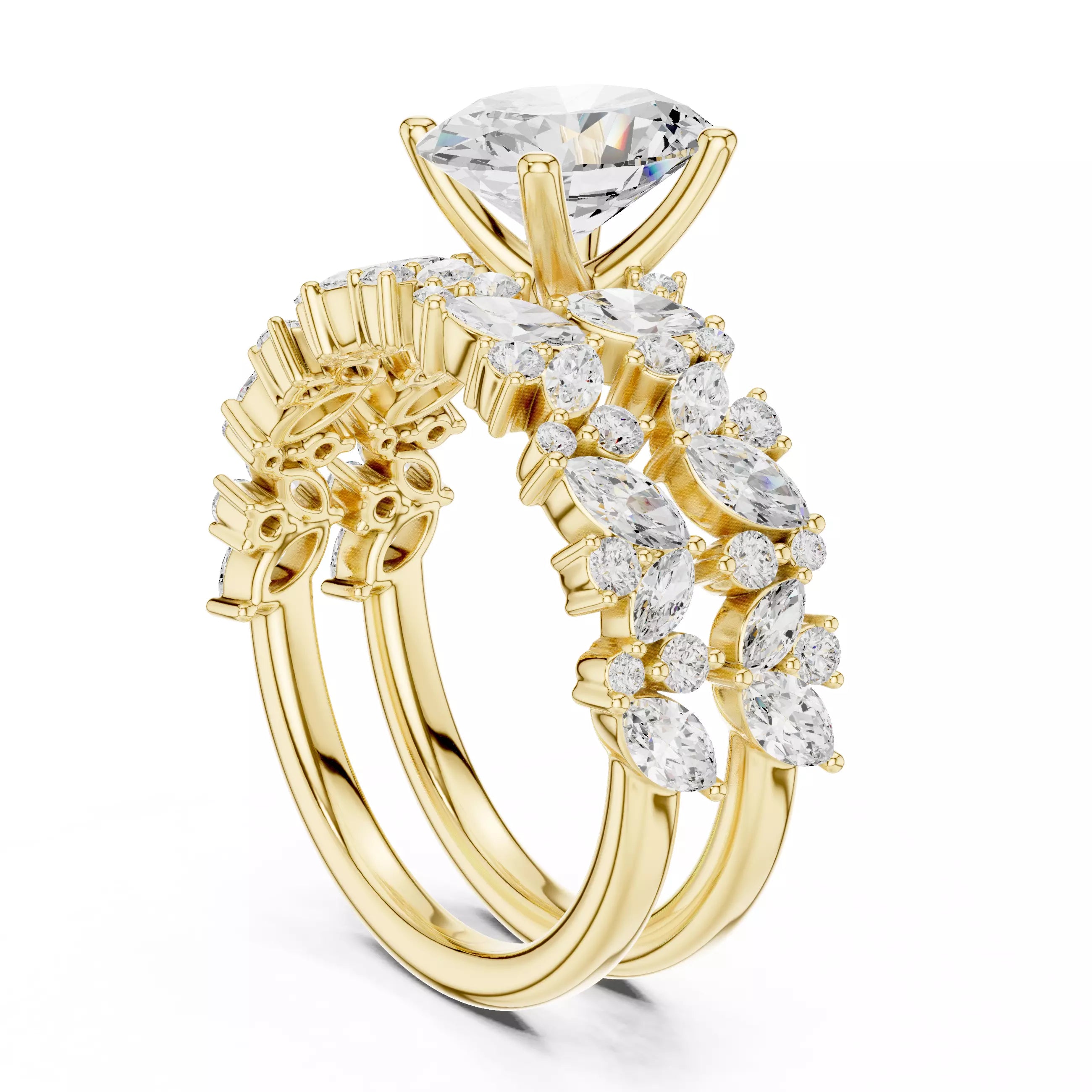 Oval Cut Wedding Ring Set Marquise Round Band in Yellow Gold - side view